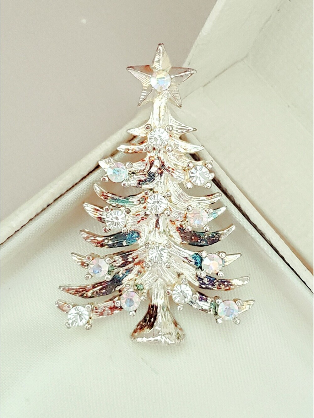 Vintage Silver Brushed AB Rhinestone Eisenberg Ice Christmas Tree Brooch
